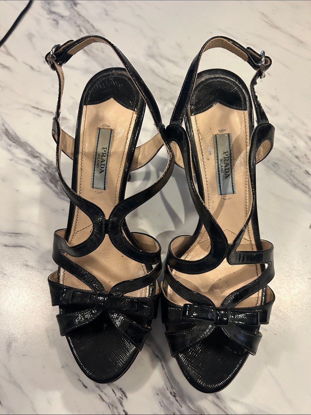 Prada Black Patent Leather Strappy Bow Heels